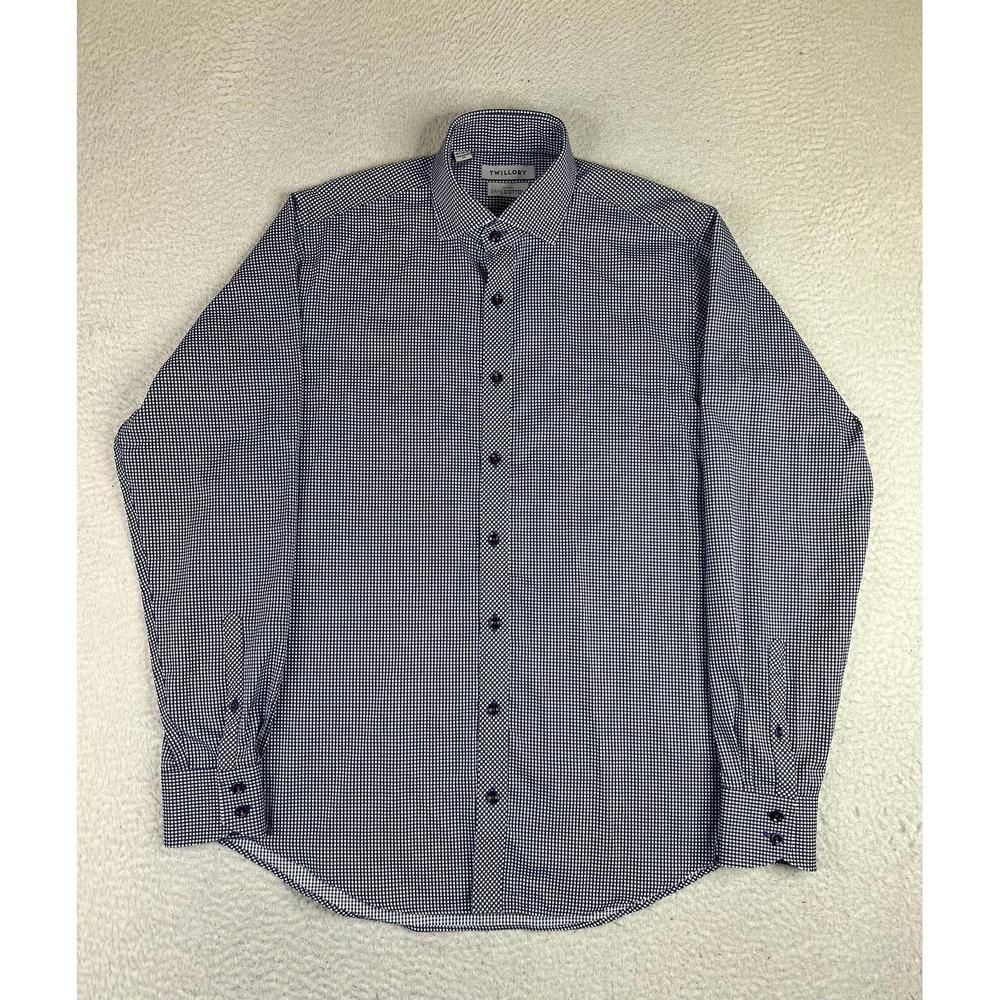 Twillory Mens 15.5 34/35 Blue Gingham Non Iron Dress Shirt Traditional Fit LS